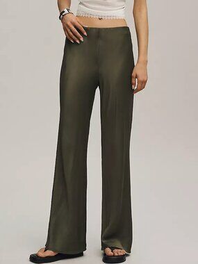 ANTHROPOLOGIE Olive Satin Wide-Leg Pants | New | Luxe Fluid Silhouette